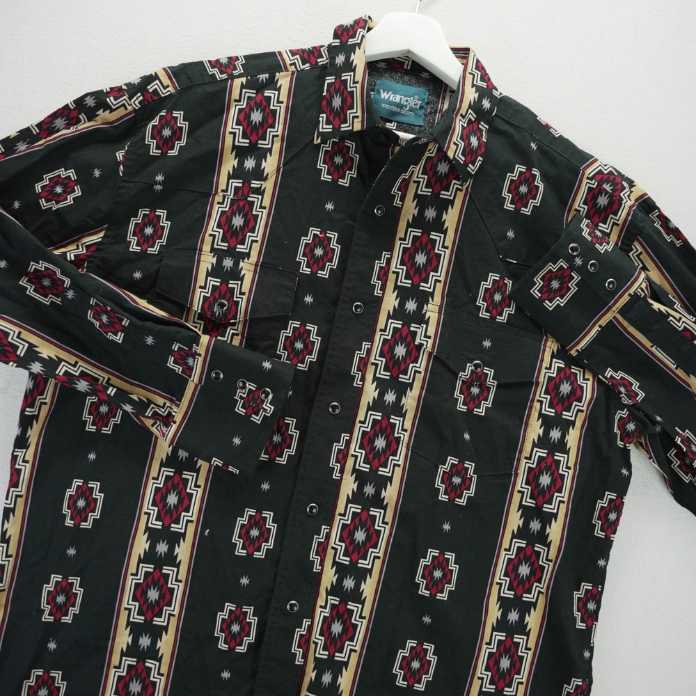 Wrangler Western Shirt Mens Large Black Aztec Geometric Pearl Snap MC1266M